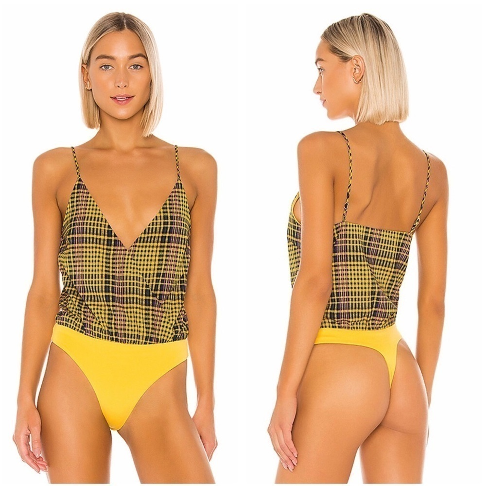 NWT Lovers + Friends Bianca Yellow Plaid Bodysuit